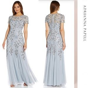 Adrianna Papell - Hand Beaded Short Sleeve Floral Godet Gown